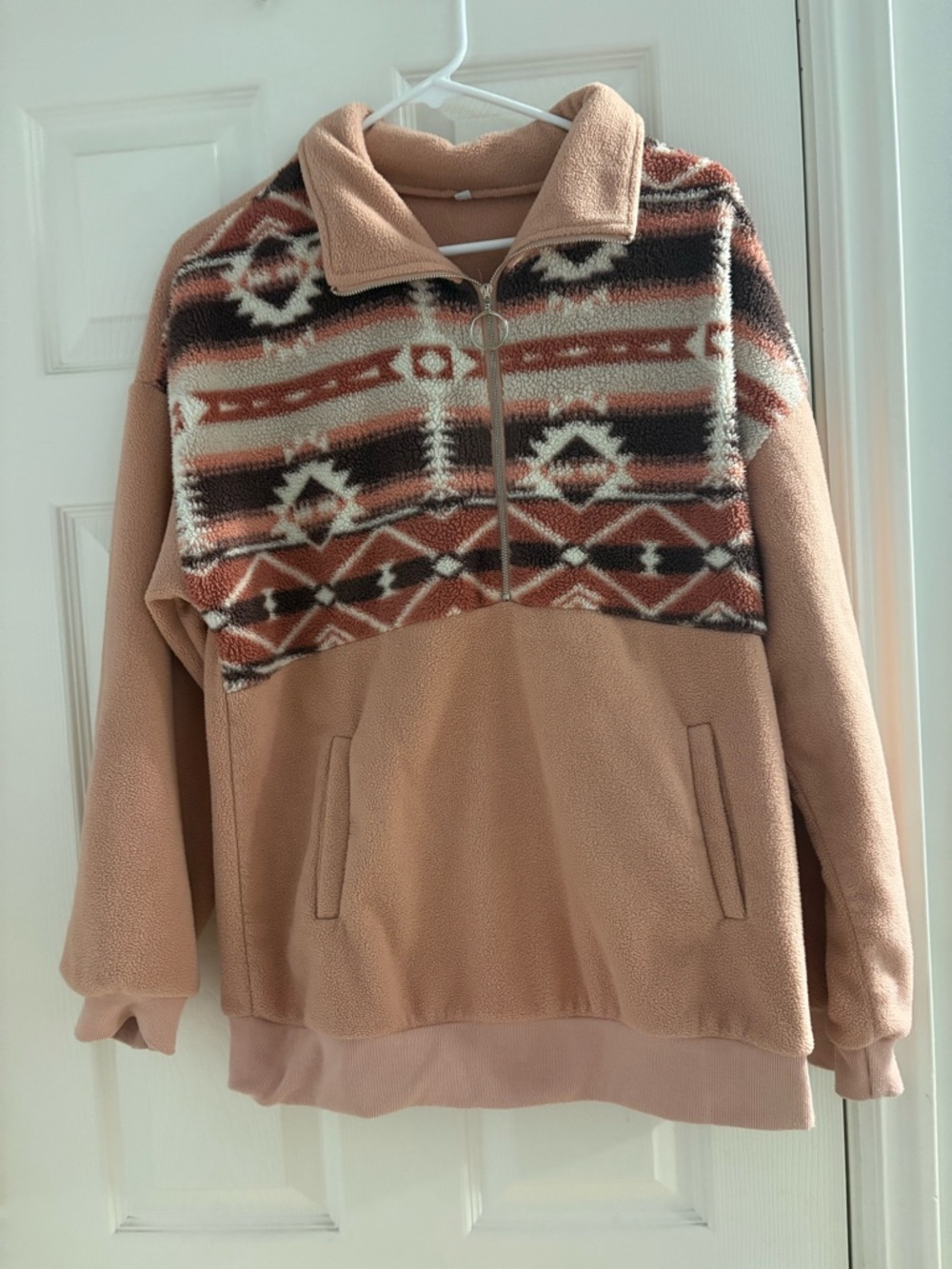 Cozy Vintage Aztec Half-Zip Pullover – Dusty Rose & Rust